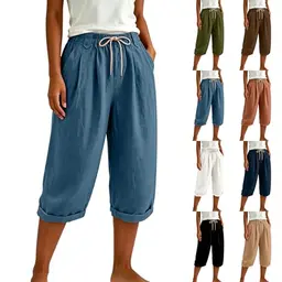 Damen Caprihose Sommerhose mit Taschen, Gummibund, High Waist, Locker, Leichte Freizeit-Shorts für Urlaub & Alltag