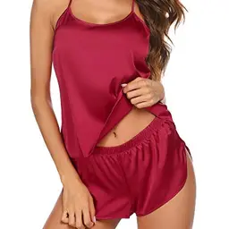 Ekouaer Satin Schlafanzug Damen Kurz Pyjama Set Ärmellos A-Weinrot XL