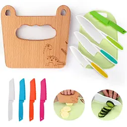 10-teiliges Kindermesser-Set für Obst und Gemüse mit Holzmesser und Schneidebrett für Kinder ab 2 Jahren (Dino-Motiv)