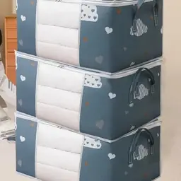 Große faltbare Aufbewahrungstasche, 3er Set, mit Griff, Reißverschluss, transparent, für Bettwäsche, Kleidung, marineblau