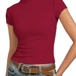 Kate Kasin Damen T-Shirt Kurzarm Sommer Rundhals Elegant Basic Rot