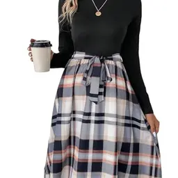 SweatyRocks Damen Midikleid aus Patchwork mit Gürtel, Langarm, Rundhals, Freizeitkleid, Schwarz