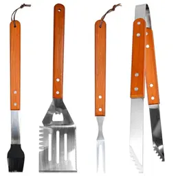 CAREDGO 4-teiliges Grillbesteck Set aus Holz und Edelstahl - Grillzange, Grillgabel, Grillbürste, Grillwender - BBQ Zubehör für Camping und Grillen