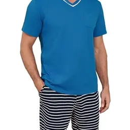Demegimi Herren Schlafanzug Kurz Baumwolle Sommer, Kurzarm-Shirt mit Tasche & Streifendesign
