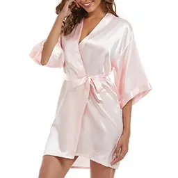 Xuepelit Damen Satin Kimono Morgenmantel Hochzeit Bademantel Kurz, Rosa