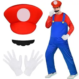 Aomig Luigi Bros Kostüm Set für Erwachsene – 4-teilig mit Mütze, Bart und Handschuhen – Ideal für Karneval und Weihnachten (Rot, L)