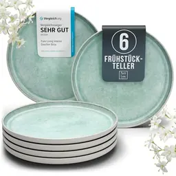 Steingut Frühstücksteller Set für 6 Personen – Mediterranes Design in Türkis