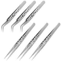 GOLRISEN Edelstahl Pinzetten Set – 6 Stück, gerade und gebogene Pinzetten für Augenbrauen, Wimpern und Schmuckherstellung