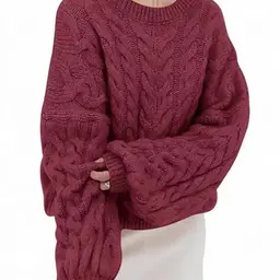 Damen Oversized Rundhals Strickpullover mit Zopfmuster, Langarm, Grobstrick, Casual Winter Oberteil, Weinrot