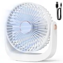 AICPAN Leiser Tischventilator mit Nachtlicht, USB Wiederaufladbar, 5 Geschwindigkeiten, 360° Neigung, Weiß