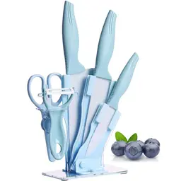 6-teiliges Küchenmesserset mit buntem Messerblock aus rostfreiem Edelstahl, ideal für Fleisch und Gemüse - Geschenk für Mädchen (Blau)