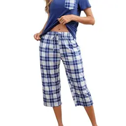 Mchodare Damen Schlafanzug Kurz - Zweiteiliges Pyjama Set mit Kurzarm Top und 3/4 Hose kariert
