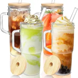 4er Set Glasbecher mit Deckel und Strohhalm – 680 ml, ideal für Eiskaffee, Smoothies und Cocktails