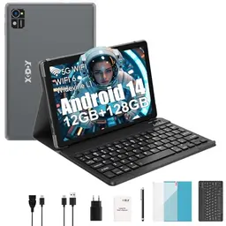 XGODY 10 Zoll Android 14 Tablet mit Tastatur, 12 GB RAM, 128 GB ROM, FHD, 7000 mAh, Bluetooth 5.0 – Blau