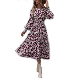 Damen Midi Kleid mit Leopardenmuster und Rundhalsausschnitt, Flowy und Casual, Krawatte in der Taille, Pink