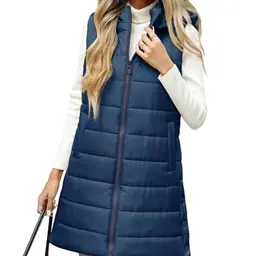 CMTOP Lange Steppweste Damen Ärmellos mit Kapuze - Warme Übergangsjacke für Outdoor (Marineblau, L)