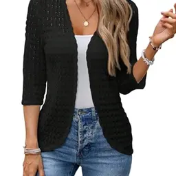 GORGLITTER Damen Strickjacke, leichte 3/4 Arm Cardigan, elegante Bolero-Jacke, transparent, schwarz, Größe L