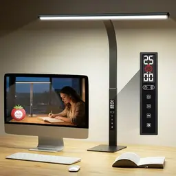 Dimmbare LED Schreibtischlampe mit Timer und Uhr, 1600 Lumen, 5 Lichtmodi, Augenschutz, Nachtlicht für Lese