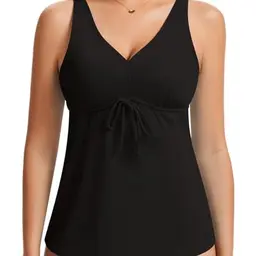 WOWENY Damen Tankini Bauchweg V-Ausschnitt, Schwarz, Sexy Sport Bade-Oberteil, Für Große Brüste, Schnell Trocknend