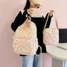 3-teiliges Künstlerischer Bogen-Rucksack-Set, große Kapazität, Pink, lässige Reisetasche mit Lunchbox und Koffer, Tagesrucksack im koreanischen Stil
