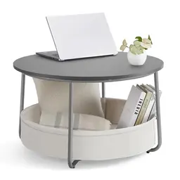 VASAGLE Rund Couchtisch mit Stauraum und Stoffkorb, modern, zementgrau-cremeweiß