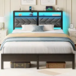 Seventable Bett 140x200 mit LED, USB- und Typ-C-Ladestation, gepolstertem Kopfteil, Stauraum, Metallbett für Schlafzimmer