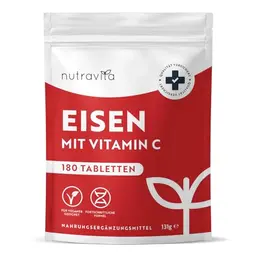 Eisentabletten 40 mg mit Vitamin C, 180 vegane Tabletten, Hochdosiert, ohne Zusatzstoffe, 6 Monate Vorrat – Nutravita