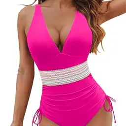 LUNNTE Damen Bauchweg Einteiliger High-Waist Monokini mit V-Ausschnitt, Softpads, hot pink, Größe S