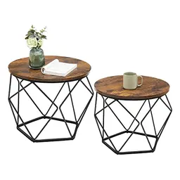 VASAGLE Rund Couchtisch Set, 2er Set, Vintage-Style, abnehmbare Tischplatte, für Wohnzimmer, vintagebraun-tintenschwarz
