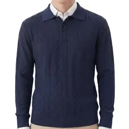 GLESTORE Herren Polo Pullover Langarm Kragen Marineblau Größe L