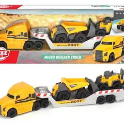 Dickie Volvo Mack Truck mit 2 Fahrzeugen, Anhänger zum Abkoppeln, 32 cm, gelb/grau