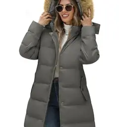 Yuson Damen Wintermantel mit Kunstpelzkapuze, warm, winddicht, gesteppt, eleganter Parka, Outdoorjacke, grau