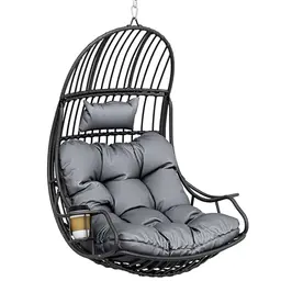 YITAHOME Hängesessel Eierschaukel, Rattan, 150 kg Belastbarkeit, inkl. Kissen & Getränkehalter, für Garten, Terrasse, Balkon, Wohnzimmer, Grau