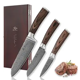 Wakoli 3-teiliges Küchenmesser Set aus Damaststahl in Holz Geschenkbox – Scharf & ergonomisch