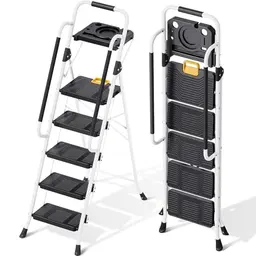 KINGRACK Klappbare Trittleiter 5 Stufen, 150 kg Tragfähigkeit, mit Handlauf und Werkzeugtray, für Haushalt und Garten