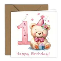 Geburtstagskarte für Mädchen zum 1. Geburtstag – Bär mit Luftballons, Klappkarte 15x15cm mit Umschlag