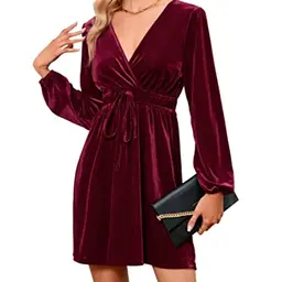 KOJOOIN Damen Samtkleid - Elegantes Abendkleid mit V-Ausschnitt in Weinrot
