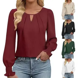 Damen Langarm T-Shirt mit V-Ausschnitt, elegante Bluse aus Chiffon mit Rüschenbündchen