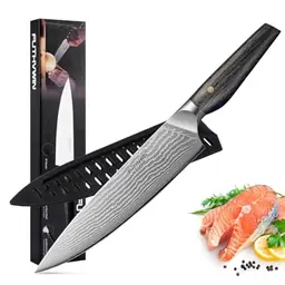 FUTHVWIN Damast Küchenmesser 20cm, Ultra Scharfes Profi Kochmesser mit Pakkaholz Griff