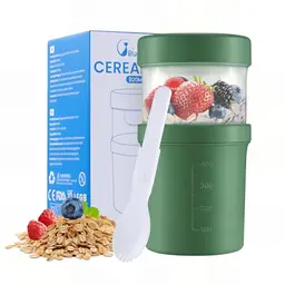 Bugucat Müsli Becher to Go 560ml & 360ml - Auslaufsichere Joghurt- und Salatbecher mit Löffel für Arbeit, Schule, Picknick - Grün