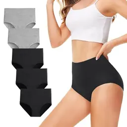 TUUHAW Damen Unterwäsche 5er Pack Hoher Taille Baumwolle, Atmungsaktive Slips, Schwarz & Grau
