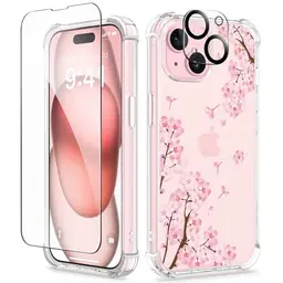 GVIEWIN iPhone 15 Hülle 6,1" 2023 mit Displayschutz und Kameraschutz, militärischer Schutz, klar und dünn, Sakura/Rosa