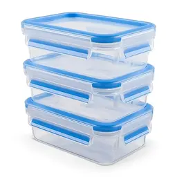 EMSA Clip & Close Frischhaltedosen-Set, rechteckig, 3 x 1 L, 100% dicht, spülmaschinenfest, blau, Made in Germany
