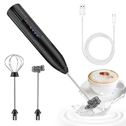 USB Milchaufschäumer elektrisch, 3 Geschwindigkeiten, Edelstahl für Kaffee, Cappuccino und heiße Schokolade (Schwarz)