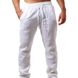 Runcati Herren Leinenhose Einfarbig Leichte Sommerhose mit Kordelzug für den Urlaub - Weiß, XL