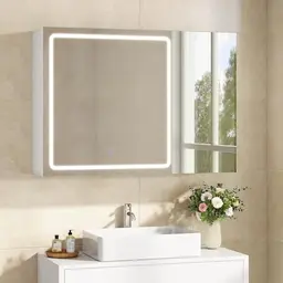 FORABAMB Badspiegelschrank 80 cm mit LED, Steckdose, verstellbare Regale, dimmbar, in Weiß, 80 x 16 x 60 cm