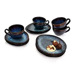 Kaffeeservice Tokio 12-tlg. für 4 Personen, handmade Steinzeug in Blau-Schwarz mit braunen Akzenten