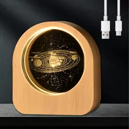 WIYETY 3D Kristallkugel Nachtlicht - Solar System Lampe mit Holzsockel