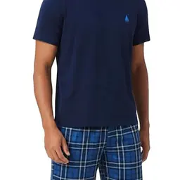 Bresdk Herren Schlafanzug Kurz Baumwolle Pyjama Set mit Karierter Shorts - Marineblau