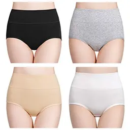 Wirarpa Damen Unterhosen Baumwolle Hohe Taille Atmungsaktive Taillenslips 4er Pack - Schwarz, Weiß, Grau, Beige (Größe M 38/40)